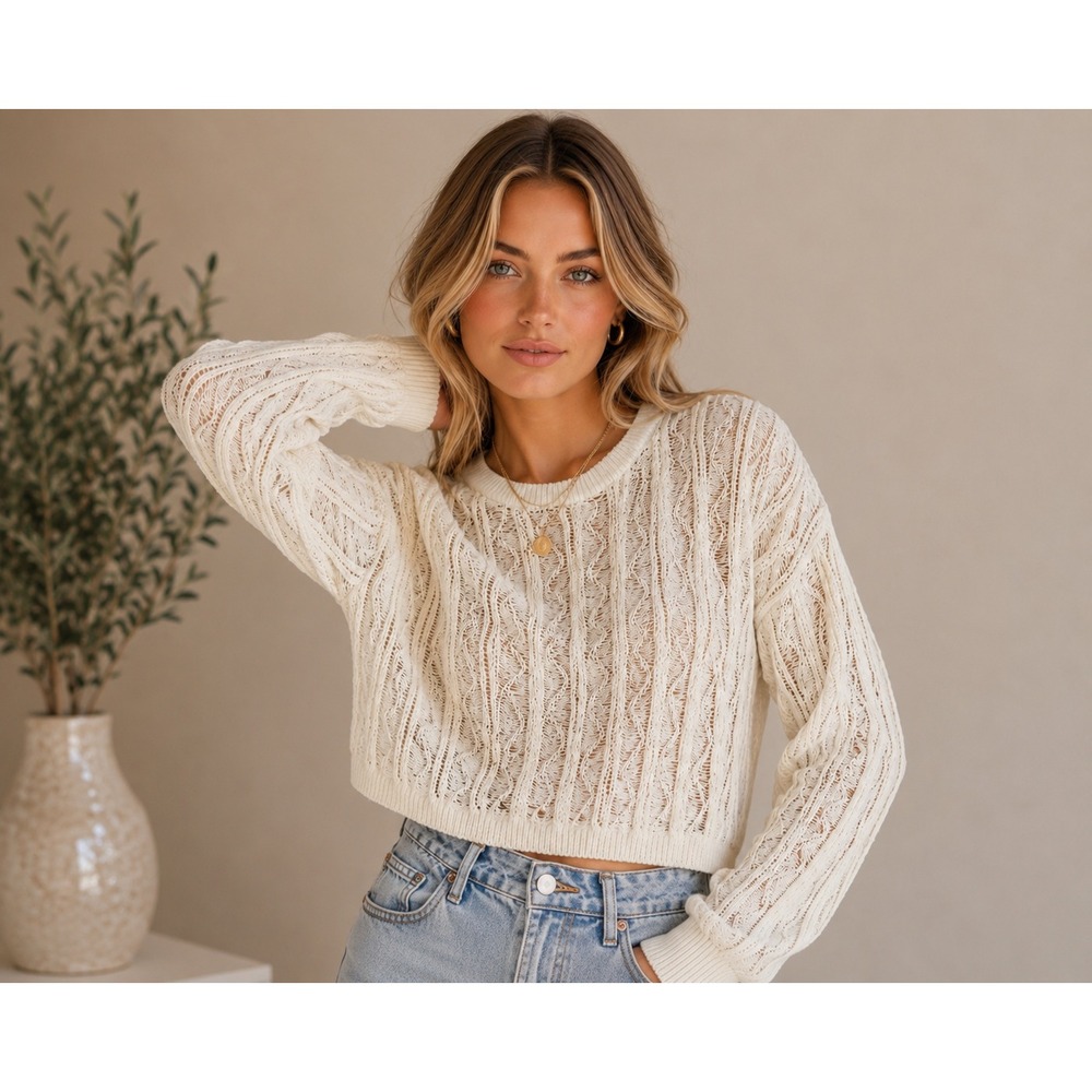 Tuba Butik Cream Open Knit Pointelle Cropped Sweater Women's Std Boho - Picture 2 of 11